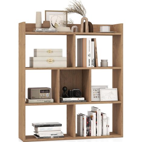 COSTWAY Libreria a Cubi con 7 Scomparti, Mensola Espositiva per l'Archiviazione, Libreria in Legno con Dispositivi Anti-Ribaltamento, per Studio Soggiorno, 80x20x90 cm (Naturale) (1/5)