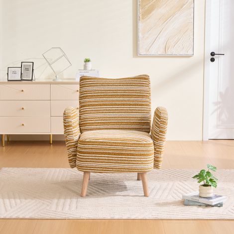 Fauteuil moderne, tissu texturé, avec poche de rangement latérale, pieds en bois massif — Une chaise de lecture confortable pour le salon, la chambre ou le bureau (Bouclé jaune moutarde)