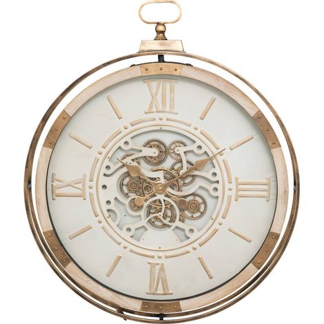 Atmosphera – Pendule murale industrielle beige avec rouages mobiles D 74 cm – Cadre en bois et fonte – Mécanisme silencieux – Vitre convexe