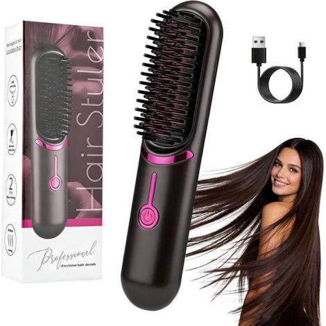 1 Brosse Lissante, Peigne Chauffant Céramique, 3 Températures, Sans Fil USB-C, Voyage Maison (1/5)