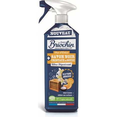 Mousse dégraissante au savon noir 750 ml – Action dégraissante ultra-efficace – Texture mousse onctueuse pour surfaces verticales – Parfum naturel fleur d’oranger – Maison Briochin