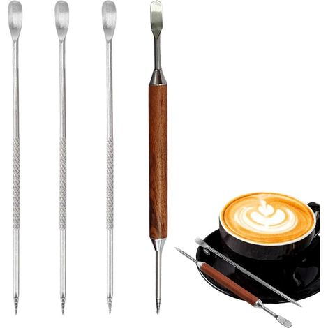 4 Aiguille pour latte art café, Double tête, Acier inoxydable, Manche en bois, Barista et maison