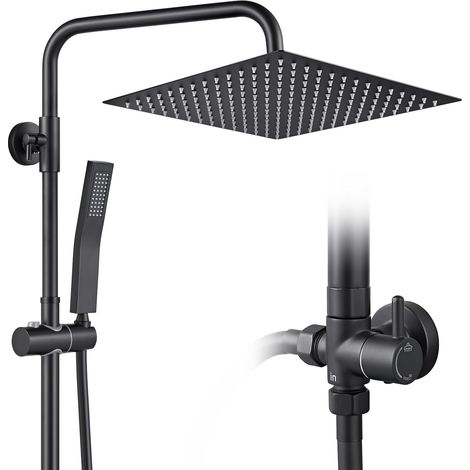 Colonne de Douche Sans Mitigeur Noir Mat en Laiton, Colonne Télescopique 68-108cm avec Tête de Douche Carrée 12", Douchette Carrée et Flexible PVC, pour Baignoire et Salle de Bain (1/5)