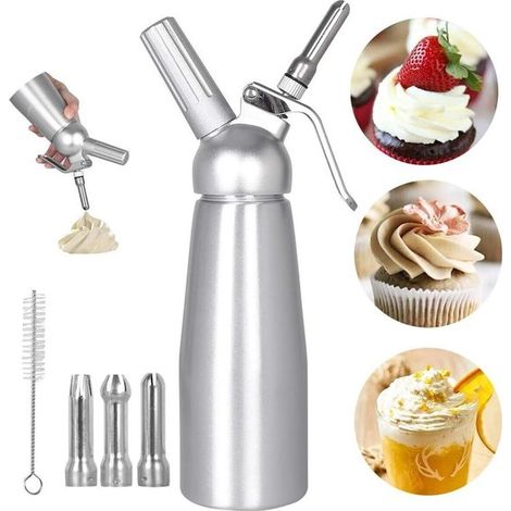 Dispenser per panna montata da 500 ml in acciaio inox con serbatoio per panna montata, frusta con 3 ugelli spray in acciaio inox e 1 spazzolino per la pulizia.