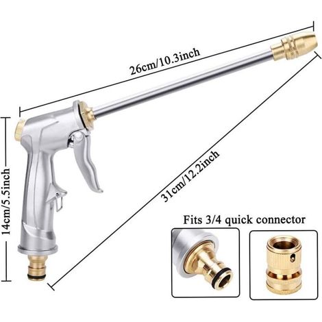 Pistola per irrigazione da giardino, ugello a spruzzo metallico ad alta pressione regolabile, pistola a spruzzo impermeabile per lavori di giardinaggio, lavaggio auto e pulizie. (1/4)