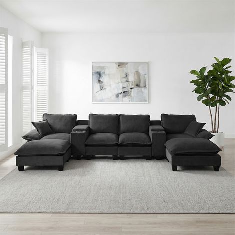 Canapé Panoramique en Chenille - 392x151x90cm - Modulaire en U avec 2 Consoles de Rangement, USB et 2 Ottomanes - Noir (1/5)