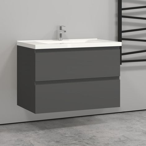 800mm Vanity Unit with Basin Wall Hung Matt Grey Storage Cabinets 2 Drawers (1/5)