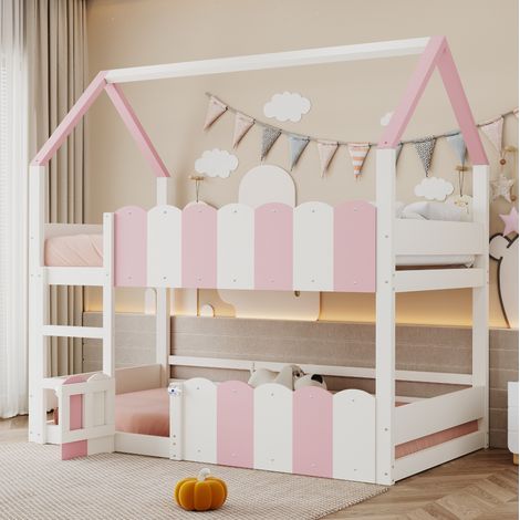 Cama litera infantil 90 x 200 cm diseño casa, rosa y blanco HAVRYA (1/5)