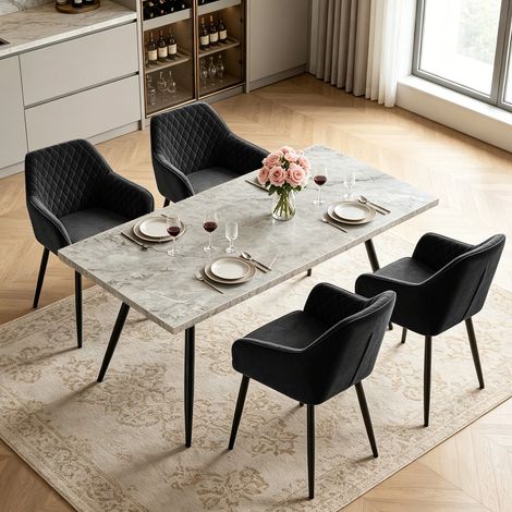 AINPECCA Dining Table and 4 Dining Chairs Set Dining Room Chair Kitchen Home Office(White Marble Effect table+4 Black velvet chairs)