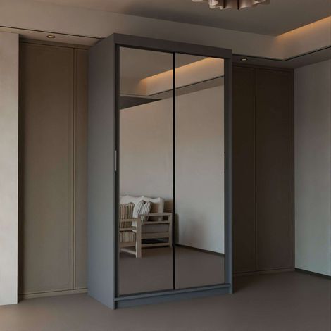 Modern 2 & 3 Door Sliding Wardrobe with Full-Length Mirror & LED Light - Grey90cm (1/2)