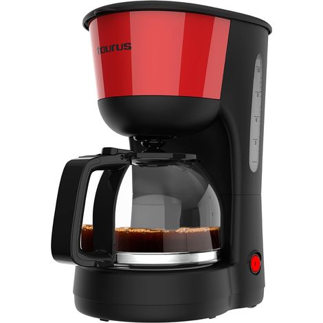 Taurus – Cafetera de Goteo Verona Vintage Red, 12 Tazas, 1000W, Jarra Cristal graduada, Depósito Agua Visible, Filtro Reutilizable, Auto Apagado, Placa calefactora