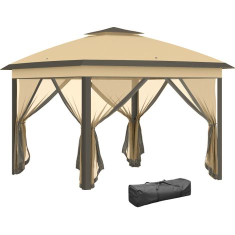 Pavillon 3,3x3,3m, wasserabweisend Winterfest Pop-up Faltpavillon mit Doppeldach, UV Schutz, Faltbar Partyzelt Gartenzelt mit Seitenteilen, Tasche Gartenpavillon für Camping Garten, Beige 
On-Site