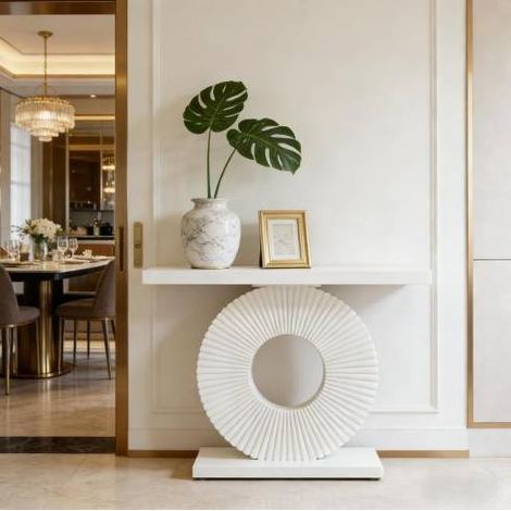 Console 100x30x79 cm en MDF et métal blanc, moderne, gain de place pour entrée FloraGrace (1/5)
