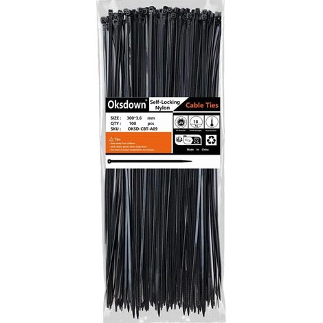 Kabelbinder Schwarz 300mm 3,6mm Nylon 100Stk UV 300mm × 3,6mm Schwarz (1/5)