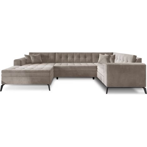 Canapé panoramique convertible BONTY velours matelassé A gauche-Taupe-Méridienne A gauche (1/5)