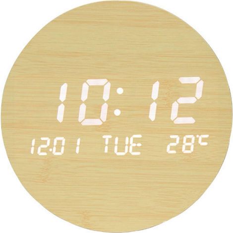 Horloge murale électronique en bois, affichage numérique LED de l'heure, de la date et de la température, blanche. (1/5)