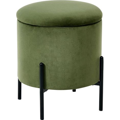 Storage Pouffe Dark Green Velvet Fabric Upholstered Seat Wooden Base Round Footstool Living Room Bedroom WENONA