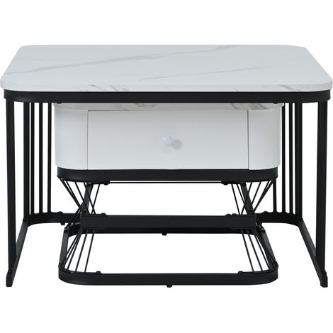 Lot de 2 tables basses effet marbre blanc et noir avec 1 tiroir, 70 x 70 x 45 cm (1/5)