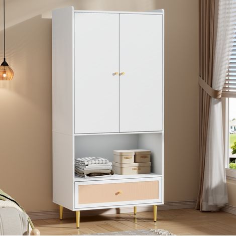 Armoire de rangement en panneaux de particules blanc et naturel avec 2 portes, tiroir en rotin PE et tringle 80x48x175 cm (1/5)