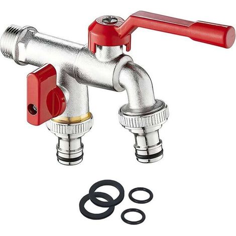 Double Robinet de Jardin-3/4'' Pouce Robinet d'eau en Laiton Robinet Exterieur Mural avec 2x 3/4 pouces de sortie Pour Jardin, Machine à Laver, Baril de Pluie anti-rouille et antigel (1/4)