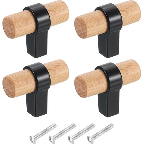 4Pcs Poignées De Tiroir En Bois T-Bar, 1.57" x 0.71" Poignées De Meuble En Bois À Un Trou Avec Base Noire Et Vis Pour Cuisine Maison Placard Armoire, Hêtre (1/5)
