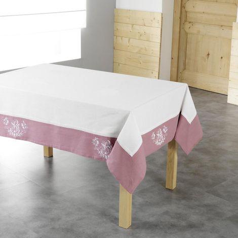 Nappe Brodée "Bonheur" 140x240cm Rose (1/2)