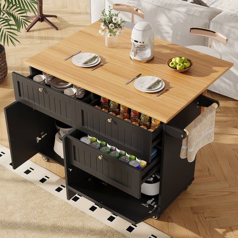 Îlot cuisine noir effet bois plan travail extensible roulettes rangements multifonctions (1/5)