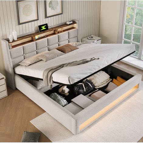 Cama tapizada estilo vintage moderno 140x200 cm con cabecero, LED, USB y arcón elevable, beige (1/5)