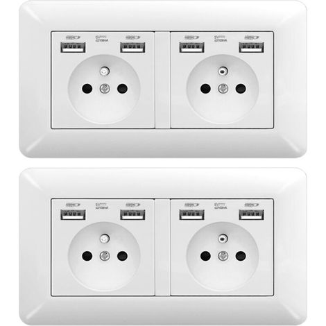 Prise Murale Double - 16 A - 240 V - 4 Ports USB - Norme Française - Encastrable - 1 Pièce (1/4)