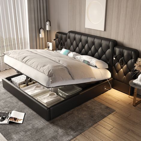Letto con contenitore in similpelle PU nera 180x200 cm con testiera estesa, luci lettura e porte USB (1/5)