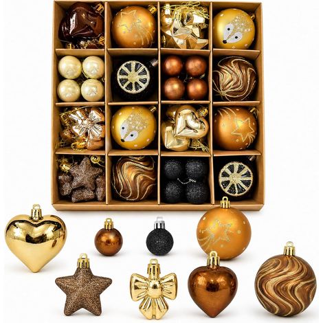 Set mit 64 goldbraunen Weihnachtskugeln (3 bis 6 cm).
Unzerbrechlicher Weihnachtsbaumschmuck: Kugeln, Herzen, Sterne und Schleifen – geeignet für Kaminsims, Kranz und als Innendekoration. (1/5)