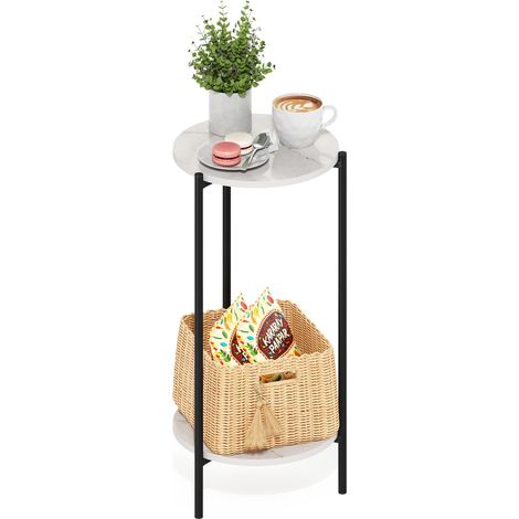 Table d'appoint Ronde Haute à 2 Niveaux avec Pieds en métal, Table de Nuit avec Cadre en métal, Table de Chevet avec étagère Ouverte, pour Salon, Chambre, Blanc marbre (1/5)