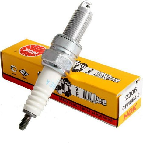 NGK motorcycle spark plugs CPR8EA-9 2306, compatible with Honda, Haojue, Suzuki, and Yamaha 12515 models. (0 units) (1/3)
