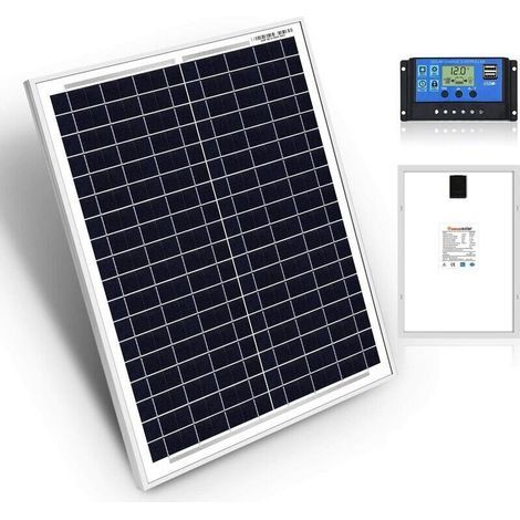 Panneaux solaires FlkwoH de 20W, 12V polycristallins, comprenant le contrôleur. Idéaux pour toutes les applications telles que camping-car, marine, bateau, chalet, cabane et maison. (1/5)