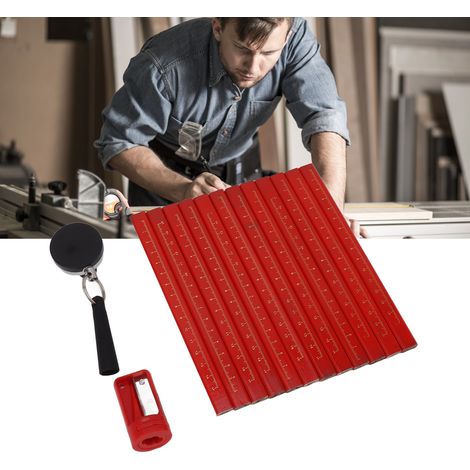 Ensemble de crayons de menuisier de 18 cm, crayon de charpentier octogonal, crayon marqueur pour la construction et le travail du bois avec accessoires, rouge (1/5)