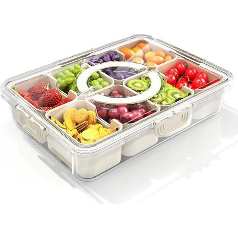 Boîte à goûter compartimentée, plateau de service avec couvercle et poignée, boîte à goûter de voyage, organisateur alimentaire multifonctionnel et récipient de rangement pour charcuterie (1/5)