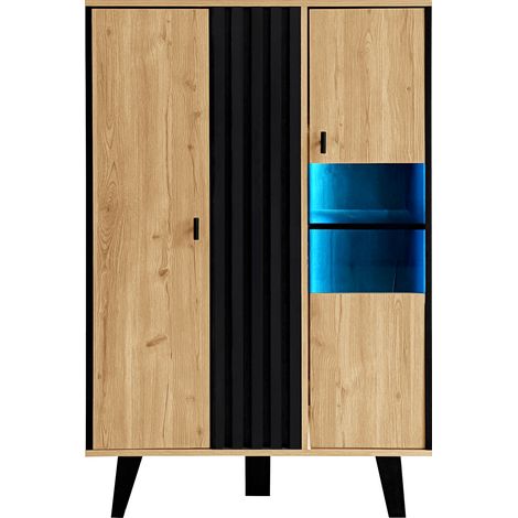 Vitrina, Aparador con 2 Puertas y 3 Estantes, LED y Cristal, Estilo Moderno, en Tablero de Partículas, Madera y Negro, 80×40×120 cm (1/5)