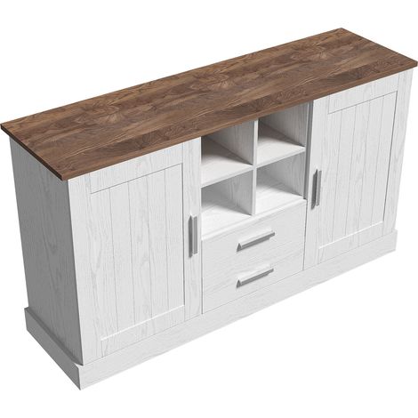 Buffet Salle à Manger 140 cm Meuble de Rangement Blanc et Bois 2 Portes 2 Tiroirs (1/5)