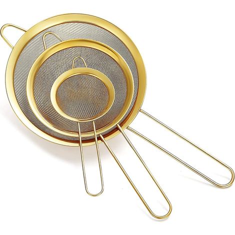 Ensemble de 3 pièces de passoire à mailles fines dorées, tamis à farine dorée pour la cuisson, clander en acier inoxydable, passoire à thé matcha doré, séparateur de sauce, tamis à pâtes passoires (1/5)