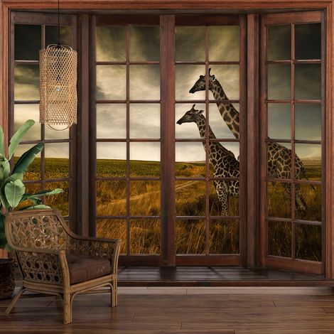 Papier peint panoramique Trompe l'oeil Fenêtre en bois - Girafes - 195 cm x 156 cm (1/5)