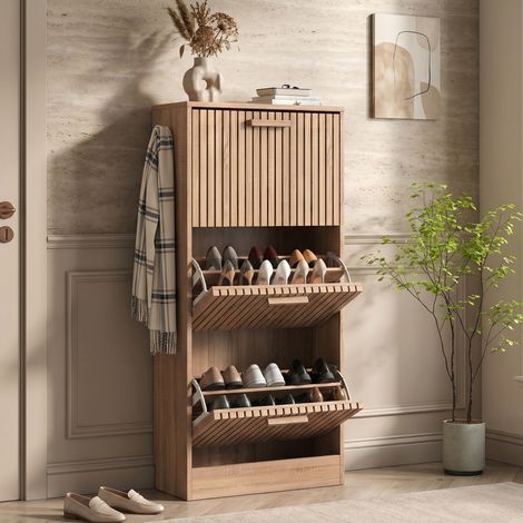 Scarpiera in legno stretta 60x24x113 cm, mobile da ingresso con ante a ribalta traspiranti e sistema anti-ribaltamento, stile naturale, Rovere chiaro (1/5)