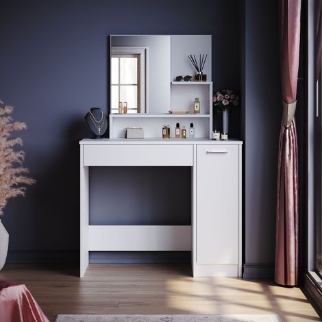 ELEGANT White Dressing Table, Modern Makeup Table with Open Shelves and Storage Cabinet, Large Mirror Vanity Table for Women Girls Bedroom (1/5)