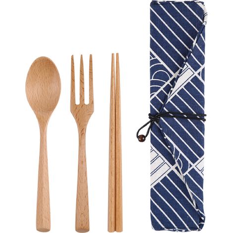Set Couverts En Bois - Baguettes Cuillère Fourchette - Pour Maison Bureau Extérieur Voyage Camping - 4 Pièces (1/5)
