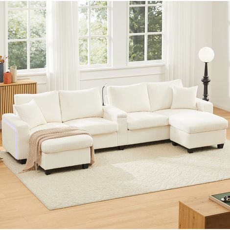 Canapé U 334x128,5x81 cm en velours côtelé beige avec USB et LED, pour salon – MEUBLIV (1/5)