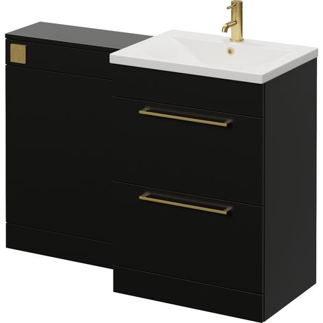 Napoli 460 Cento Matt Black 1200mm 2 Drawer Vanity Unit Toilet Suite with Glide Basin - 1200mm - Brushed Brass 320mm HandleWithout Kingston Toilet Pan