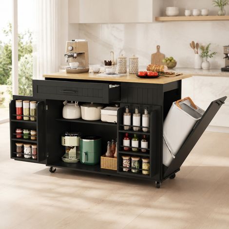 Isla de cocina móvil con tablero abatible, MDF negro, 130 x 45 (70) x 93 cm OKMYHOME (1/5)