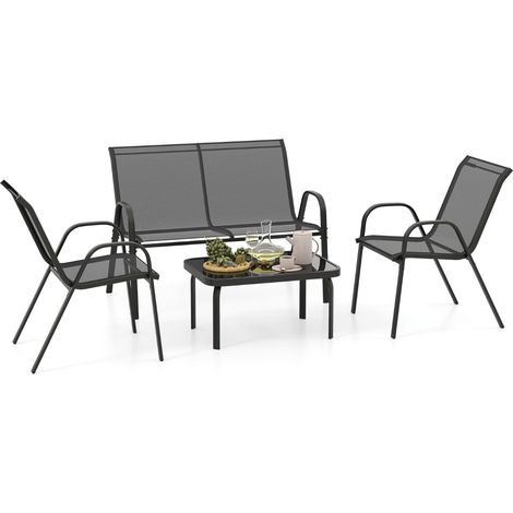 Set da 4 pezzi di mobili per esterni con tavolino in vetro temperato, Set da conversazione all'aperto Grigio (1/4)