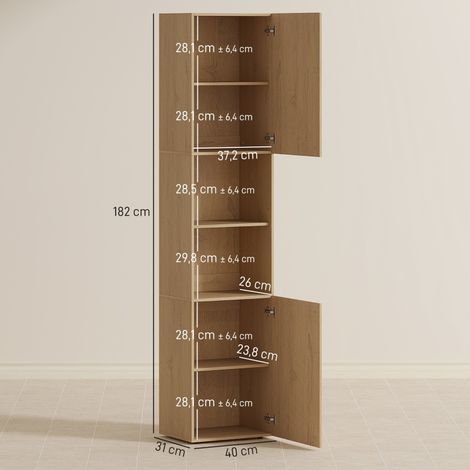 Meuble de rangement salle de bain haut, 6 étagères, 2 portes battantes, 2 niches ouvertes, casiers, en bois teinté chêne, 180x30x180 cm (1/5)