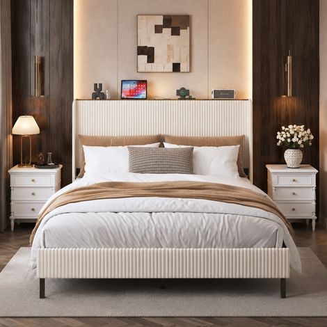 Gepolstertes Plattformbett 160x200 aus Cordstoff mit Kopfteil, Beige und Creme, OKWISH (1/5)