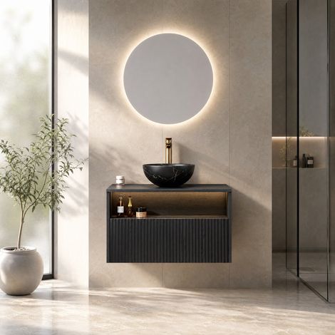 Mobile lavabo sospeso 80 cm moderno con lavabo in ceramica, 1 cassetto soft-close, vano a giorno e luce LED, nero (1/5)